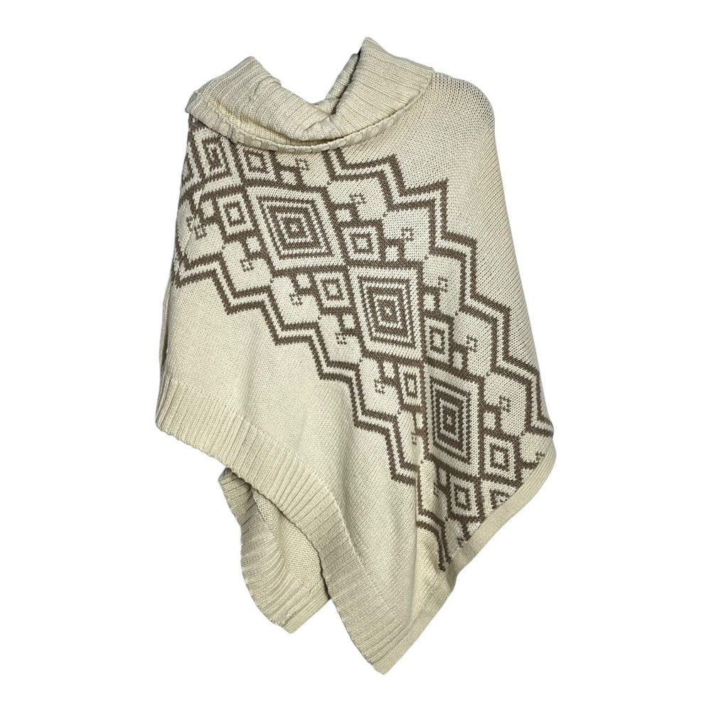 Sonoma Life Style Women Poncho Sweater L XL Cream Brown Geometric Aztec CowlNeck - Picture 8 of 8